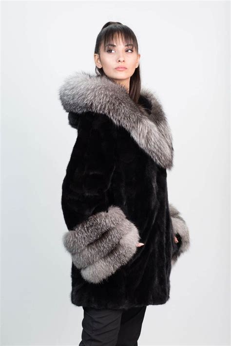 black mink coat with silver fox hood real mink fur coat real etsy
