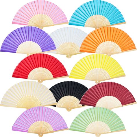 Bememo 12 Pack Hand Held Fans Silk Bamboo Folding Fans Handheld Folded