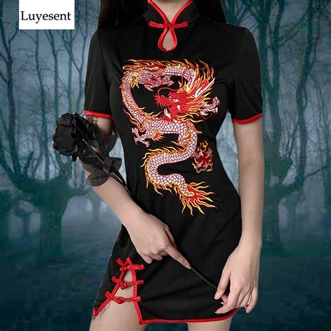 black goth woman improved mini cheongsam 2020 gothic split hip chinese dragon embroidery punk
