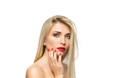 Beautiful Blond Woman Portrait Close Up Hairstyle Red Lips Stock Image Image Of Luxury