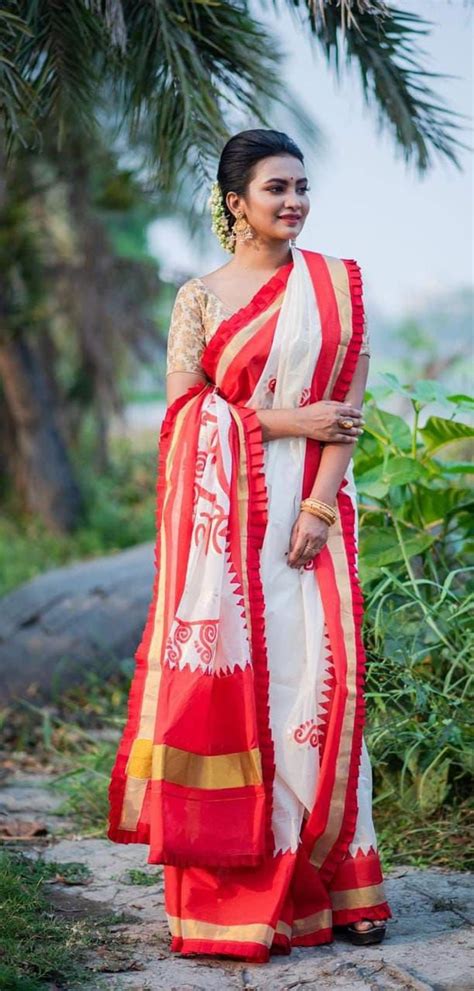 bengali saree durga puja special hand printed kasavu kerala cotton saree with unsitiched blouse