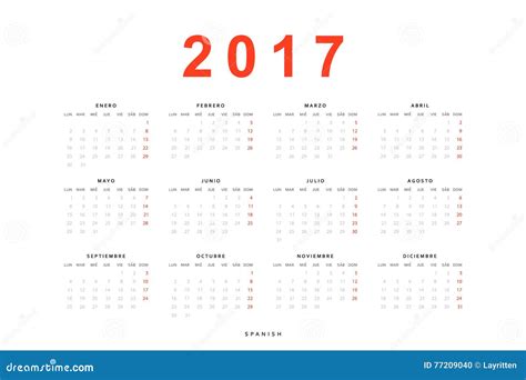 Enkel Mall För Kalender 2017 För Utskrift I Spanjor Vektor