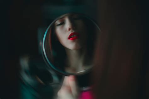 Women Model Brunette Face Open Mouth Closed Eyes Red Lipstick Mirror Blurred Self Shots