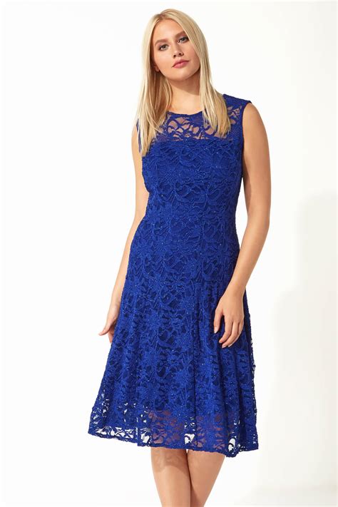 Glitter Lace Fit And Flare Dress In Royal Blue Roman Originals Uk