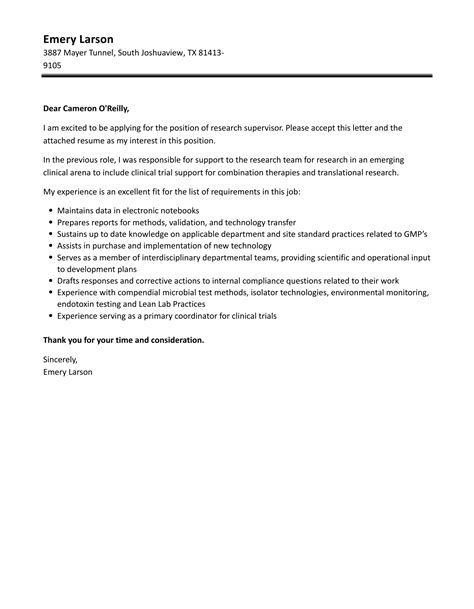 Research Supervisor Cover Letter Velvet Jobs