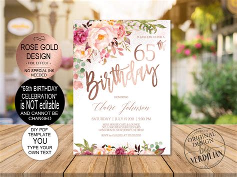 Diy 65th Birthday Invitation Template Blush Rose Gold Floral Etsy