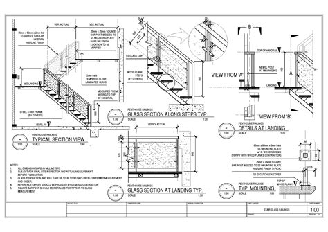 Section an elevation of glass balcony railing, roof safety railing systems, terrace fence. Glass Stair Railings - CAD Files, DWG files, Plans and Details