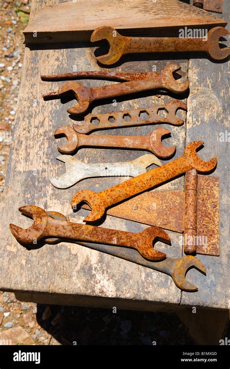 Table Filled With Old Rusted Wrenches Stock Photo Alamy