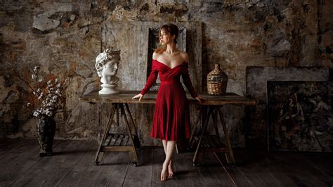 wallpaper red dress georgy chernyadyev women model alexandra smelova 1600x900