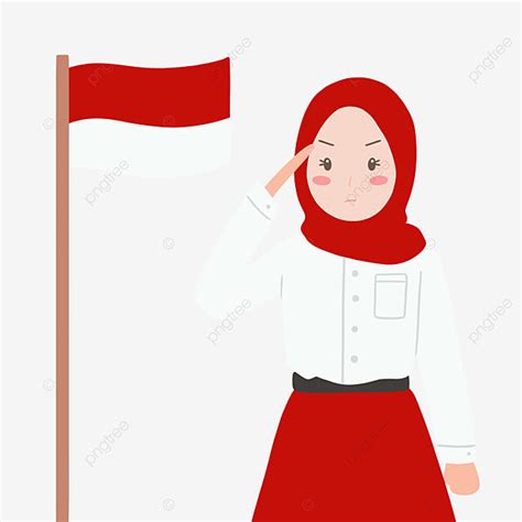Gadis Berhijab Memberi Hormat Pada Bendera Indonesia Untuk Merayakan