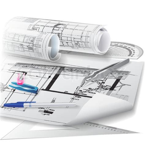 Architectural Background With Drawing Tools And Rolls Of Drawings Vector Clip Art Stock