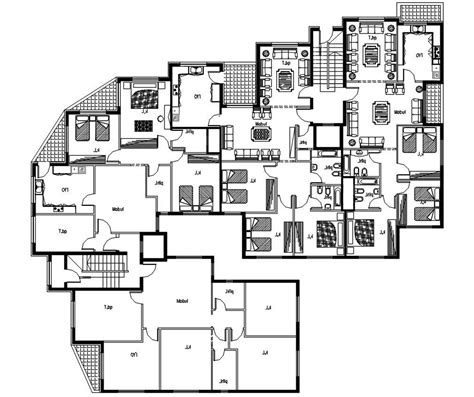 3 Bedroom Apartment Furniture Layout Plan Dwg File Cadbull