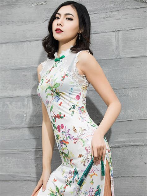 Latin Dance Costume Qipao Dress Floral Women Sexy Split Cheongsam