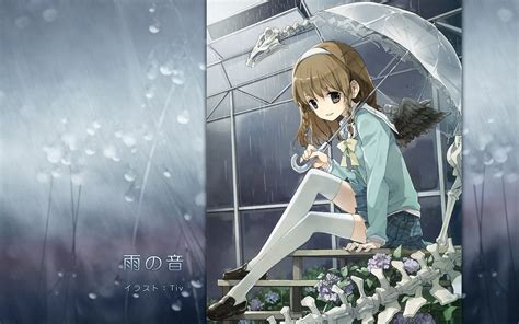 Wallpaper Flowers Anime Girls Brunette Wings Rain Umbrella