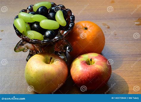 Apple Grapes Orange Black Grapes Arranged Together Beautiful And