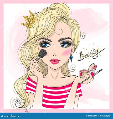 Hand Drawn Beautiful Cute Girl With Makeup Brush Blush And Lipstick In Her Hand Doing Makeup