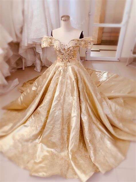 Shiny Gold Off The Shoulder Poofy Satin Ball Gown Weddingprom Dress