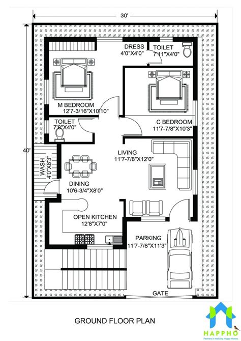 Floor Plan For 30 X 40 Feet Plot 2 Bhk 1200 Square Feet133 Sq Yards