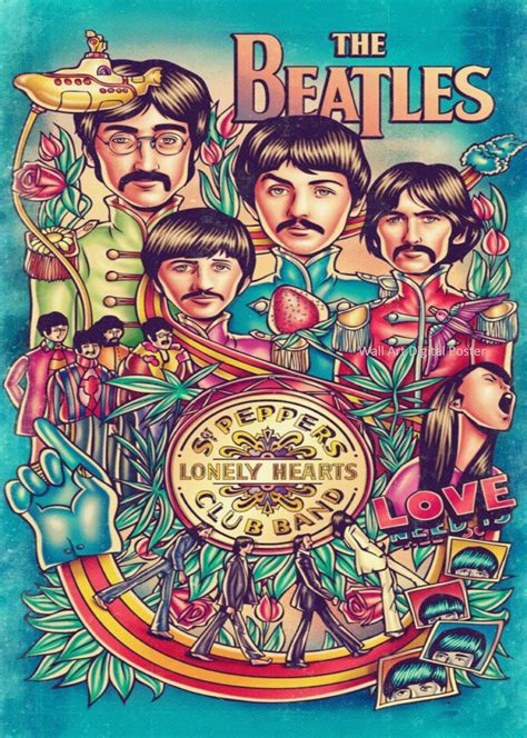 The Beatles Poster Lonely Hearts Rock Music Poster Wall Art Etsy