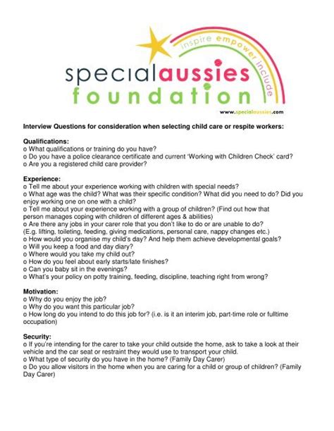 Download Childcare Interview Questions Special Aussies