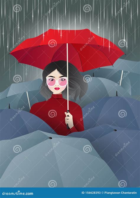 Woman In Red With Umbrellas In The Rain Stock Vector Illustration Of