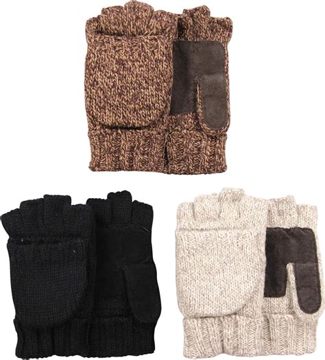 Mens Fingerless Fleece Lined Convertible Mittens Gloves 3 Pack 3