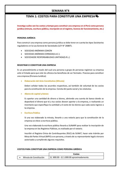 Semana Tema Tarea Costos Para Constituir Una Empresa Semana N