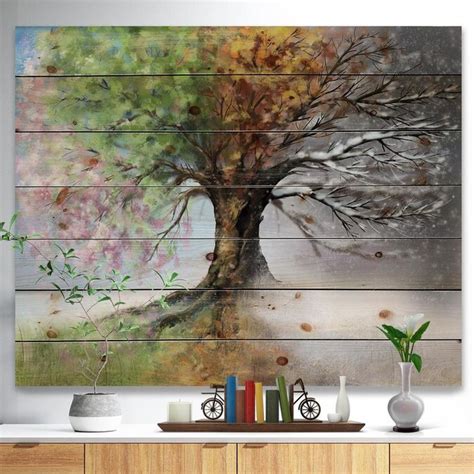 Designart Designart Tree With Four Seasons Tree Painting Print On Natural Pine Wood In The