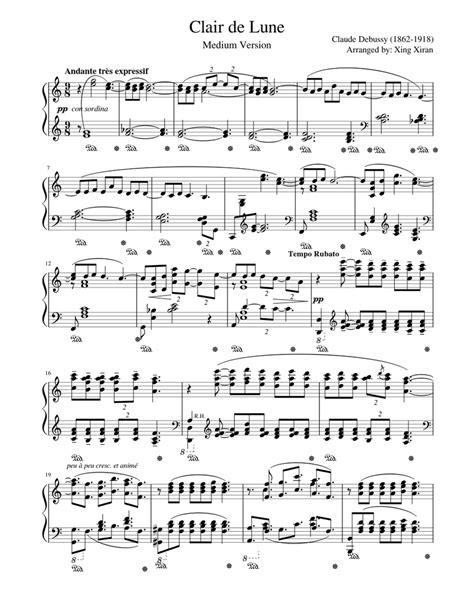 Clair De Lune Medium Version For Piano Solo By Claude Debussy Sheet