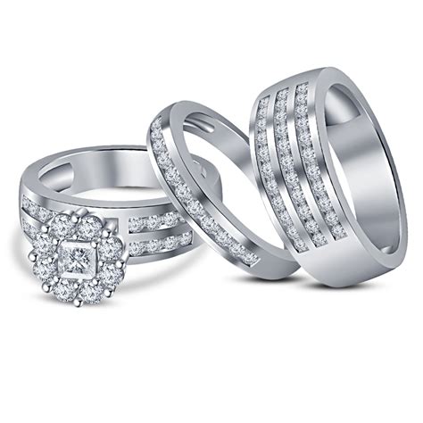 Bride And Groom Diamond Trio Ring Set 14k White Gold Finish 925 Sterling