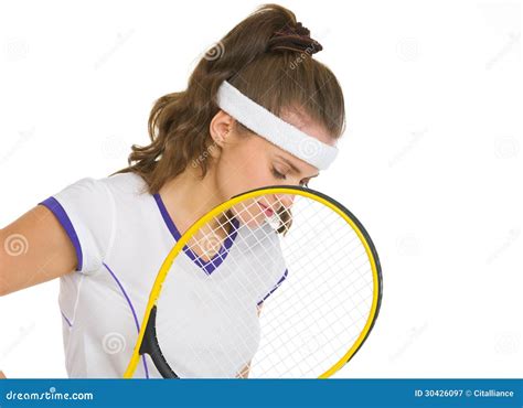 Thoughtful Female Tennis Player Holding Racket Stock Image Image Of