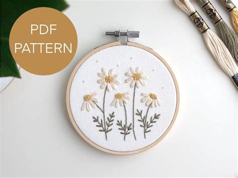 Daisies Embroidery Beginner Pattern Pdf Botanical Embroidery Etsy