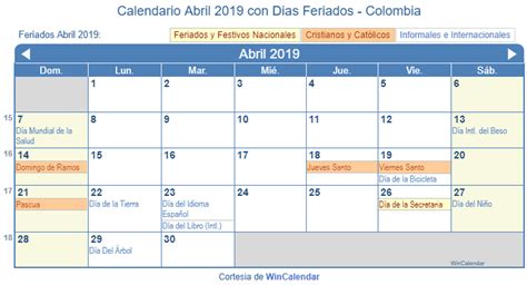 Calendario Abril 2019 Para Imprimir Colombia