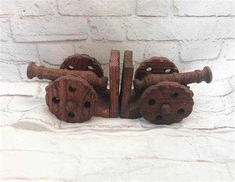 Set Vintage 60s Medieval Pirate Cannon Bookends Wood Carved Etsy