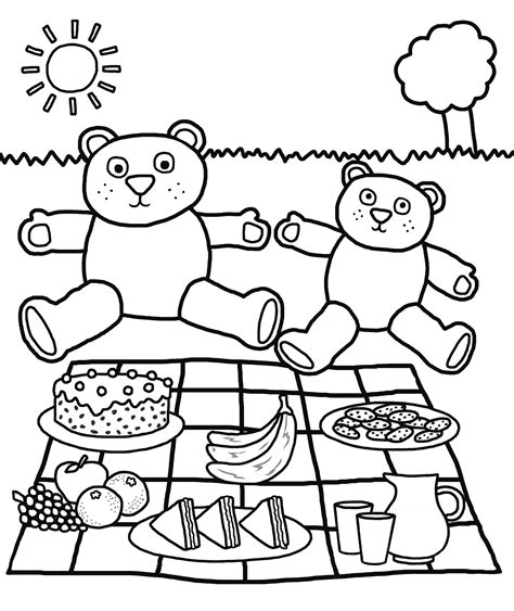 While coloring talk about the different types of fruits and veggies on the page and how each are part of a healthy diet and make for a mouth watering picnic. Picnic coloring, Download Picnic coloring for free 2019