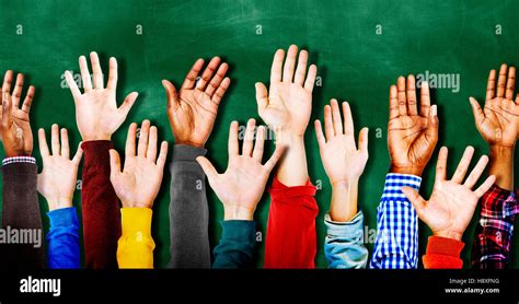 Hands Raised Togetherness Diversity People Concept Stock Photo Alamy