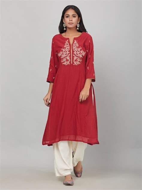 Red Embroidered Cotton Silk Kurta Summer Outfits Women Women