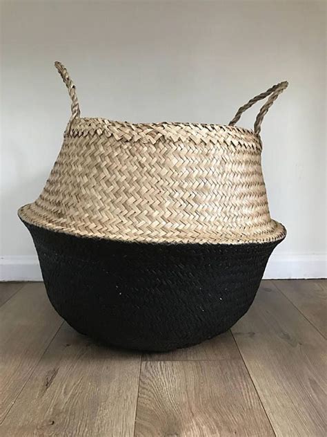 Seagrass storage basket with lid handmade woven box home organizer storage shelf organizer baskets seagrass basket living room office black. Large Black Dipped Seagrass Basket, Belly Basket, Laundry ...