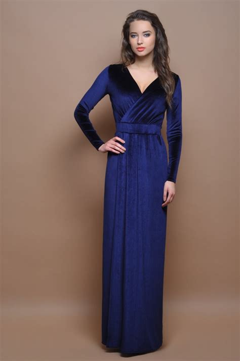 Navy Blue Velvet Maxi Dress Wrap Neckline Slit Long Sleeves Etsy