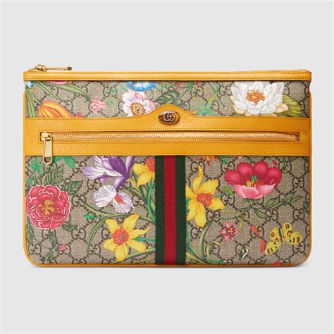 Gucci Yellow Ophidia Floral Gg Supreme Pouch In Yellowgg Supreme Flora