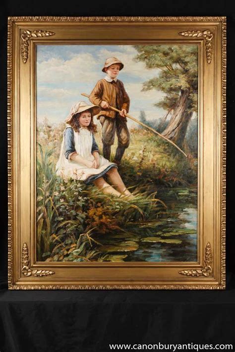 Large Victorian Oil Painting Children Fishing Potrait Gilt Frame