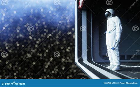 Alone Astronaut Looks At The Planet Earth In Futuristic Interior The