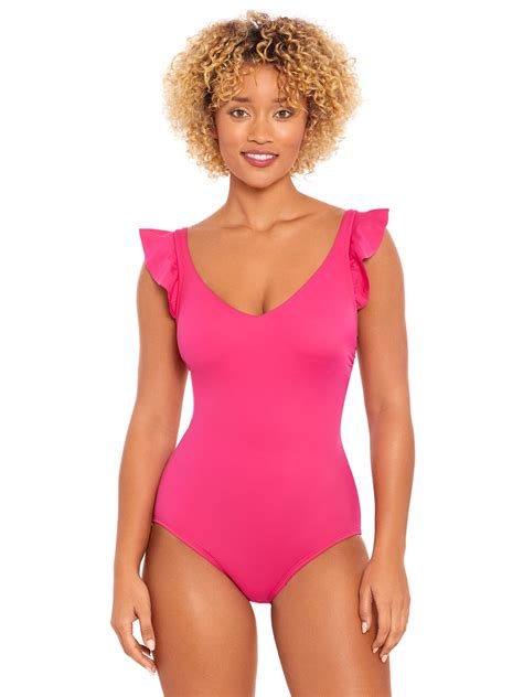 Time And Tru Women S And Plus Solid Ruffle Strap One Piece Swimsuit Sizes Xs 3x