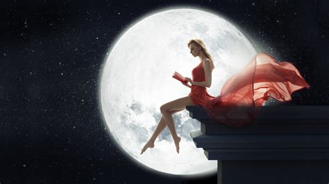 Woman In Red Dress At Full Moon Backiee