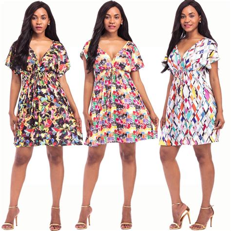 Boho Dress Floral Print Mini Dress Deep V Neck Short Sleeve Women