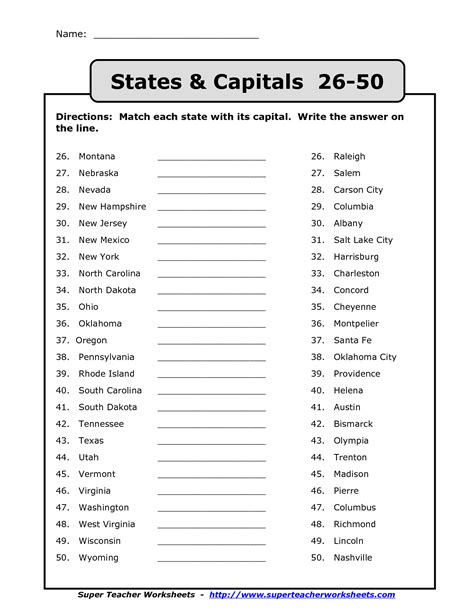List Of States And Capitals Free Printable