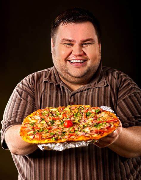 Fat Man Eating Fast Food Pizza Breakfast For Overweight Person Stock Image Image Of