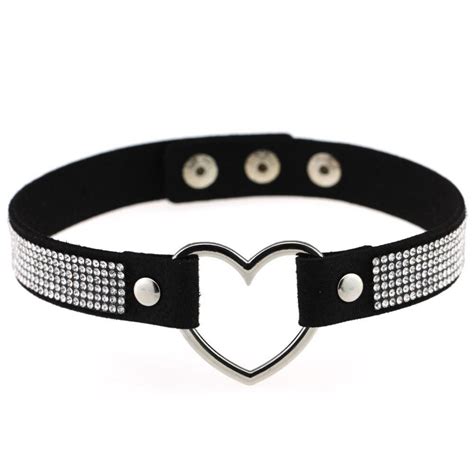 Black Leather Heart Rhinestone Choker Necklace Women Crystal Choker