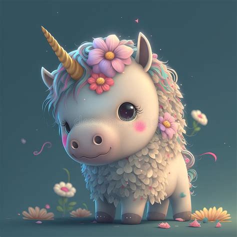 Illustration Little Unicorn Sits With Flowers Children S Style Fairy