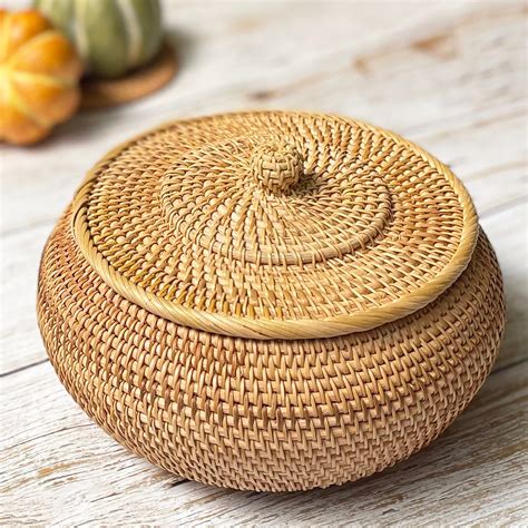 Round Ottoman Basket With Lid Rattan Basket With Lid For Home Etsy Uk